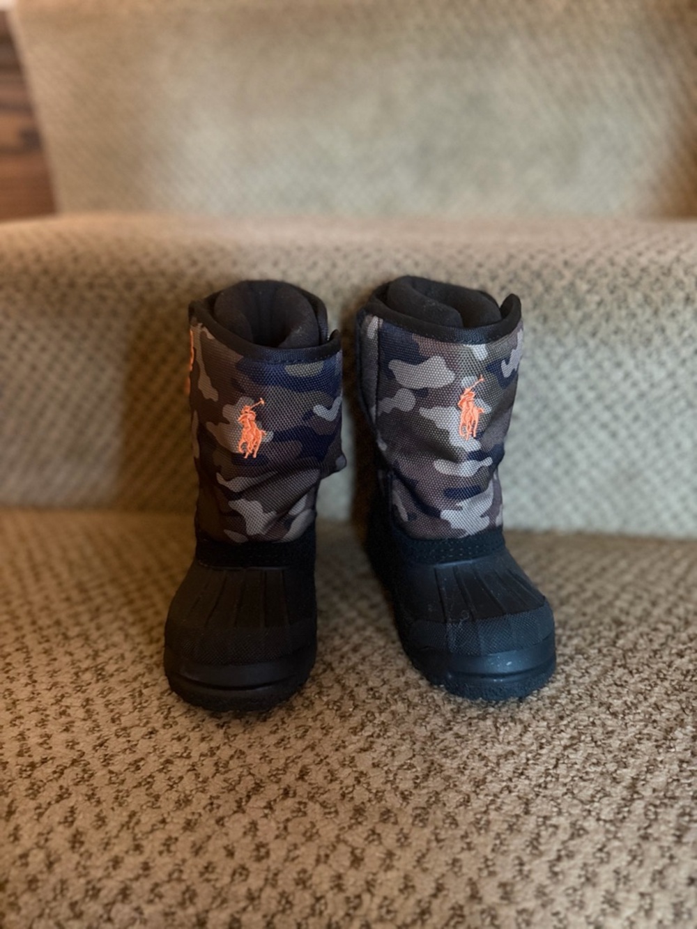 Ralph Lauren Black Camo Kids Winter Boots with Orange Logo